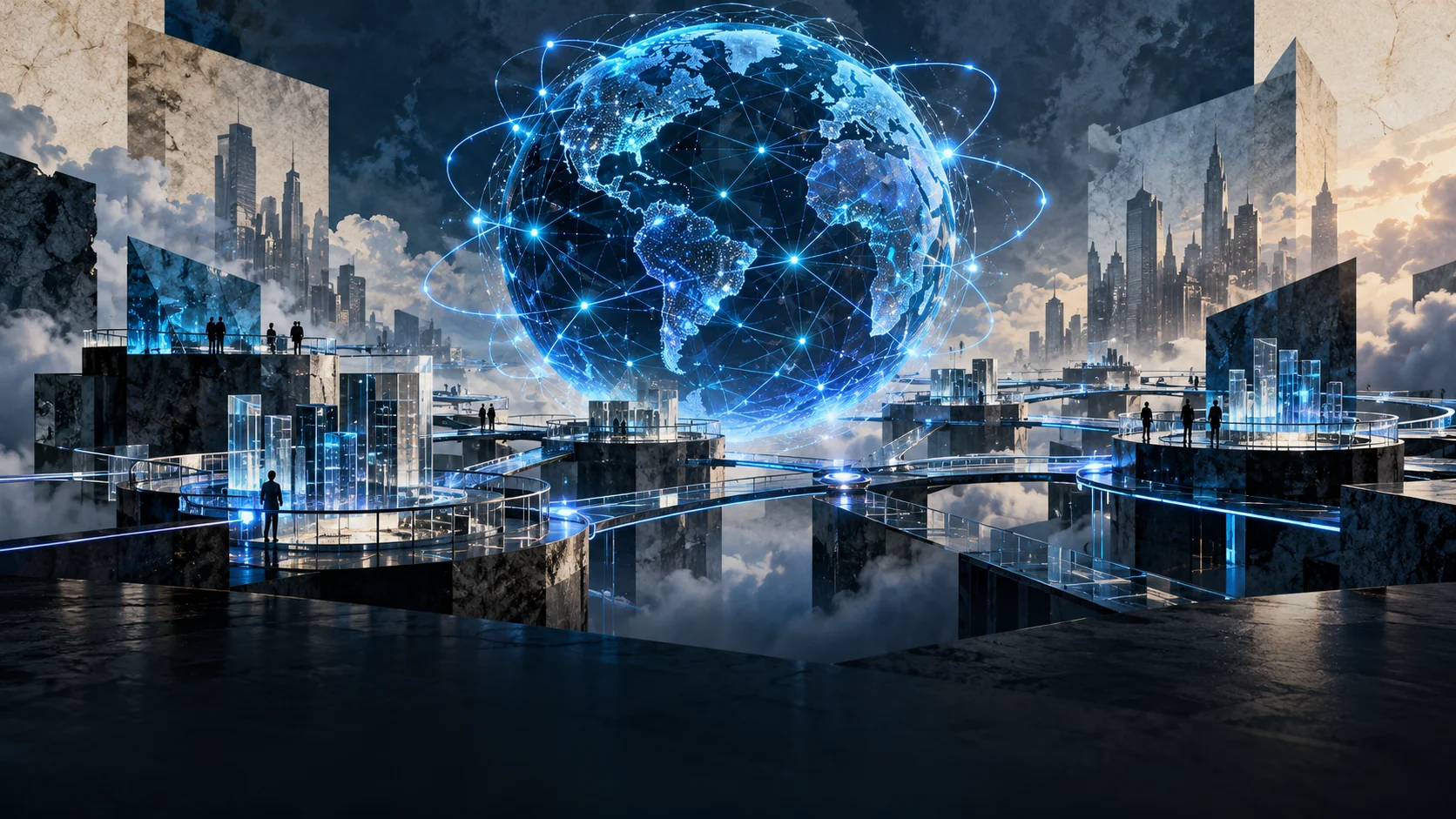 Conceptual illustration of a luminous blue network connecting financial platforms.